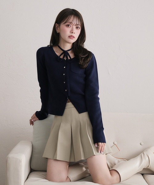 fupel（フぺル）の「choker waist shape knitcardigan / チョーカー付きウエストシェイプニットカーディガン（カーディガン/ボレロ・レディース・グレー/ネイビー・FREE）」の5枚目の写真