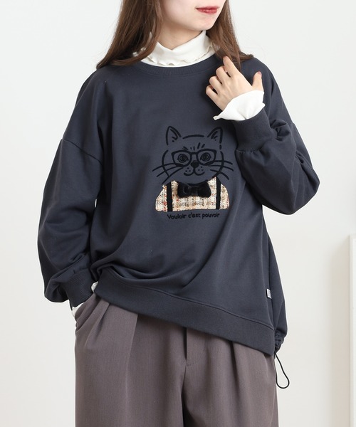 Quelle Chance(ケルシャンス)の「猫ツィード長袖 プルオーバー(Tシャツ/カットソー・レディース・チャコールグレー/グリーン/マスタード・M/L)」の2枚目の写真