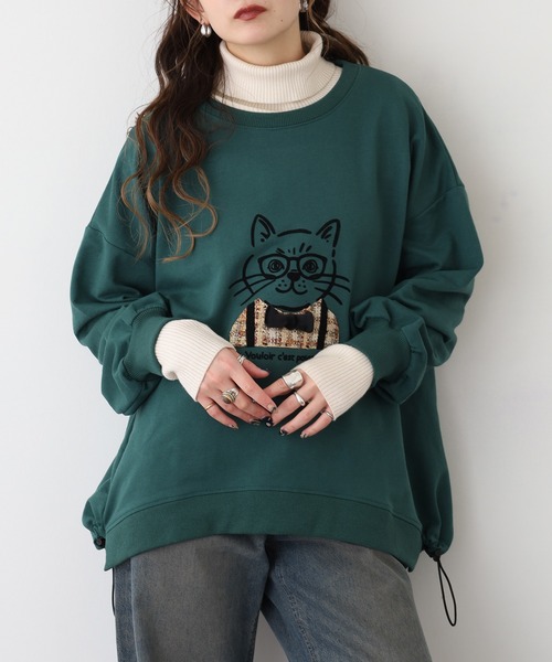 Quelle Chance(ケルシャンス)の「猫ツィード長袖 プルオーバー(Tシャツ/カットソー・レディース・チャコールグレー/グリーン/マスタード・M/L)」の1枚目の写真