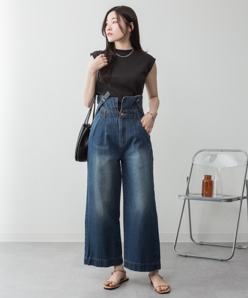 aity(アイティ)の「サスペンダー付きデニムハイウェストワイドパンツ 3way コットン100%(デニムパンツ・レディース・ネイビー/ブラック/ワンウォッシュ・M/L/LL/3L/4L)」の3枚目の写真