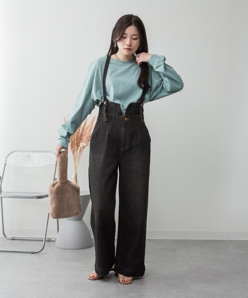 aity(アイティ)の「サスペンダー付きデニムハイウェストワイドパンツ 3way コットン100%(デニムパンツ・レディース・ネイビー/ブラック/ワンウォッシュ・M/L/LL/3L/4L)」の2枚目の写真
