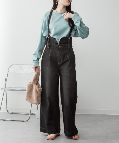 aity(アイティ)の「サスペンダー付きデニムハイウェストワイドパンツ 3way コットン100%(デニムパンツ・レディース・ネイビー/ブラック/ワンウォッシュ・M/L/LL/3L/4L)」の4枚目の写真