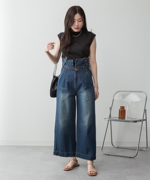 aity(アイティ)の「サスペンダー付きデニムハイウェストワイドパンツ 3way コットン100%(デニムパンツ・レディース・ネイビー/ブラック/ワンウォッシュ・M/L/LL/3L/4L)」の12枚目の写真