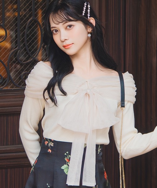 WILLSELECTION（ウィルセレクション）の「リボンチュールレイヤードリブニット（ニット/セーター・レディース・オフホワイト/ブラック/ピンク/チャコールグレー・FREE）」の2枚目の写真