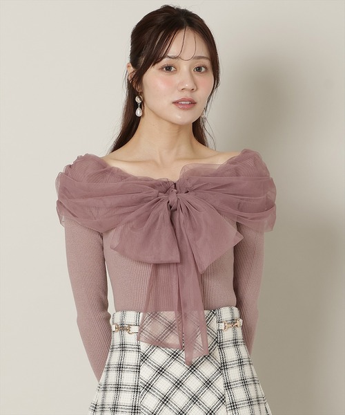 WILLSELECTION（ウィルセレクション）の「リボンチュールレイヤードリブニット（ニット/セーター・レディース・オフホワイト/ブラック/ピンク/チャコールグレー・FREE）」の4枚目の写真