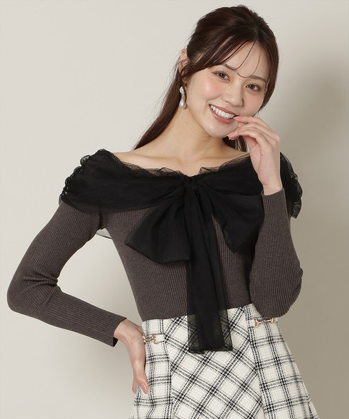 WILLSELECTION（ウィルセレクション）の「リボンチュールレイヤードリブニット（ニット/セーター・レディース・オフホワイト/ブラック/ピンク/チャコールグレー・FREE）」の3枚目の写真