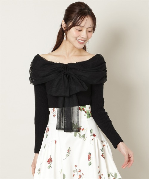 WILLSELECTION（ウィルセレクション）の「リボンチュールレイヤードリブニット（ニット/セーター・レディース・オフホワイト/ブラック/ピンク/チャコールグレー・FREE）」の12枚目の写真