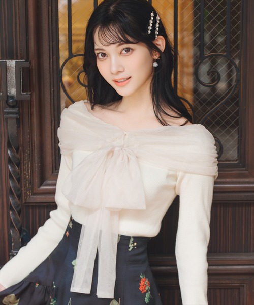 WILLSELECTION（ウィルセレクション）の「リボンチュールレイヤードリブニット（ニット/セーター・レディース・オフホワイト/ブラック/ピンク/チャコールグレー・FREE）」の10枚目の写真