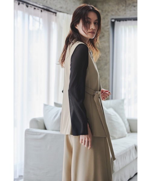 アシンメトリーサイドベルトジレパンツスーツ 2点セット レディース