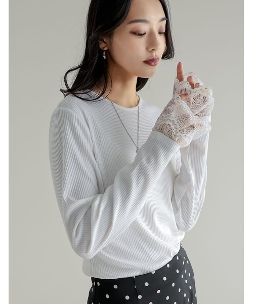 Re:EDIT(リエディ)の「リブカットソーレーススリーブレイヤード風トップス(Tシャツ/カットソー・レディース・ホワイト/ブラウン/ブラック・LARGE/MEDIUM)」の20枚目の写真
