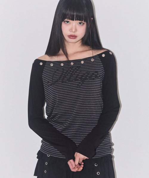 ILLIGO(イリゴ)の「ラグランオフショルダー ロングスリーブ ストライプ チャコール(Tシャツ/カットソー・レディース・その他・OS)」の11枚目の写真