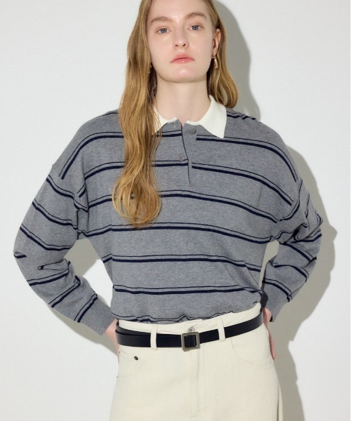 AZUL by moussy（アズールバイマウジー）の「カシミヤミックスポロカラーボーダーニット（ニット/セーター・レディース・ブルー系その他/ホワイト系その他/グレー系その他・FREE）」の2枚目の写真