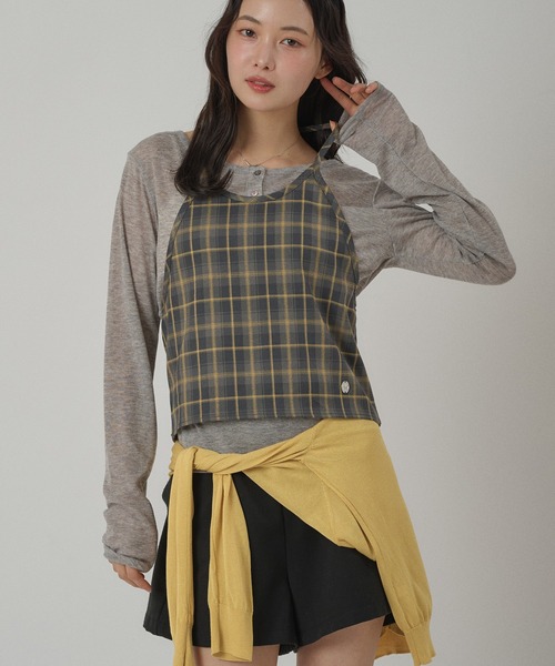 MUHET(ミュエータ)の「sheer henry neck top & halter neck bustier set / シアーヘンリートップス&ホルターネックビスチェセット(Tシャツ/カットソー・レディース・ネイビー/カーキ/チャコールグレー・FREE)」の3枚目の写真