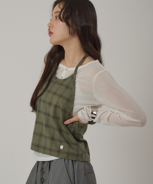 MUHET(ミュエータ)の「sheer henry neck top & halter neck bustier set / シアーヘンリートップス&ホルターネックビスチェセット(Tシャツ/カットソー・レディース・ネイビー/カーキ/チャコールグレー・FREE)」の15枚目の写真