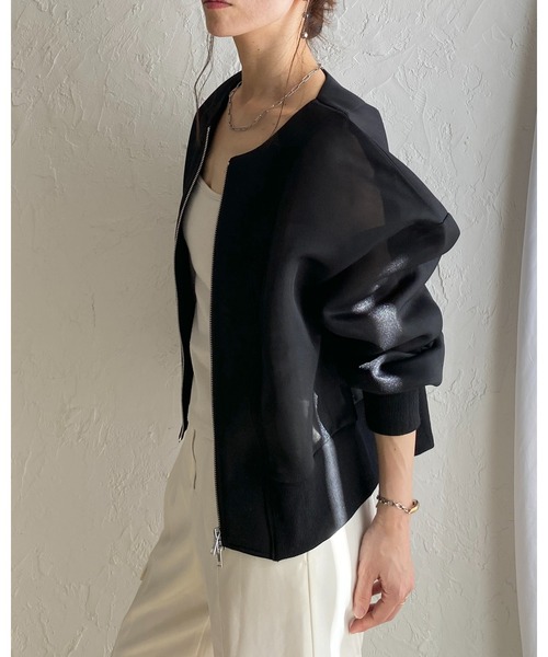 She's Closet(シーズクローゼット)の「ショート丈 ダンボールボンディング ダブルジップ 透け感 シアーブルゾン ジャケット(ブルゾン・レディース・ホワイト/ブラック・FREE)」の8枚目の写真