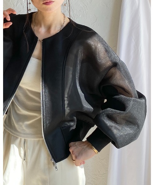 She's Closet(シーズクローゼット)の「ショート丈 ダンボールボンディング ダブルジップ 透け感 シアーブルゾン ジャケット(ブルゾン・レディース・ホワイト/ブラック・FREE)」の9枚目の写真