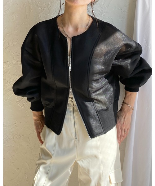 She's Closet(シーズクローゼット)の「ショート丈 ダンボールボンディング ダブルジップ 透け感 シアーブルゾン ジャケット(ブルゾン・レディース・ホワイト/ブラック・FREE)」の10枚目の写真