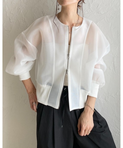 She's Closet(シーズクローゼット)の「ショート丈 ダンボールボンディング ダブルジップ 透け感 シアーブルゾン ジャケット(ブルゾン・レディース・ホワイト/ブラック・FREE)」の18枚目の写真