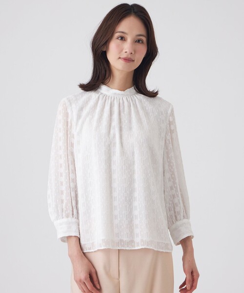 TRANS WORK(トランスワーク)の「【ウォッシャブル】シフォンカットジャカードブラウス(シャツ/ブラウス・レディース・ネイビー/オフホワイト・38/40)」の2枚目の写真