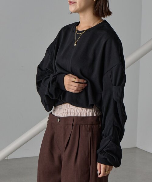 goocy（グーシー）の「裏毛袖タックバルーンプルオーバー（Tシャツ/カットソー・レディース・ブラック/グレー/ホワイト系その他・FREE）」の7枚目の写真