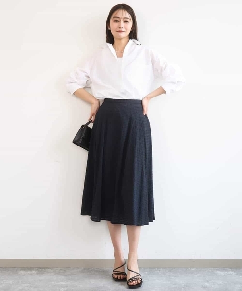 MK MICHEL KLEIN（エムケーミッシェルクラン）の「[洗える]シアーチェック柄フレアスカート（スカート・レディース・ライトグレー/ネイビー・38）」の6枚目の写真