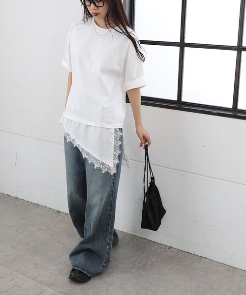 COLONY 2139(コロニートゥーワンスリーナイン)の「【接触冷感】アイラッシュ裾レースドッキングTシャツ(Tシャツ/カットソー・レディース・ホワイト/チャコールグレー/ブラック・FREE)」の5枚目の写真