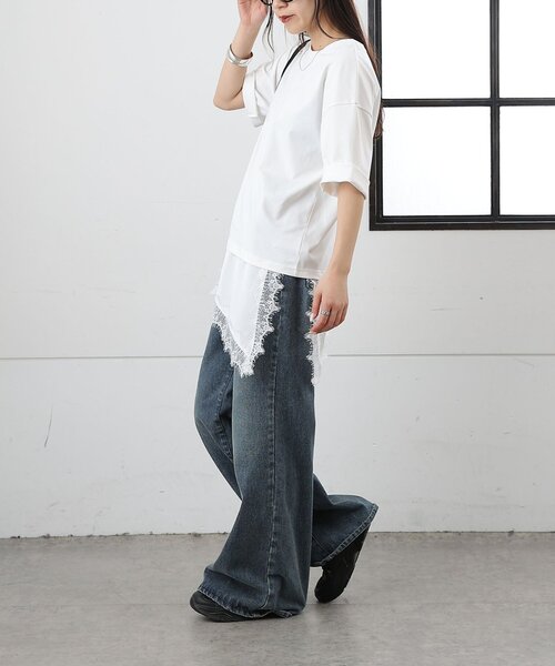 COLONY 2139(コロニートゥーワンスリーナイン)の「【接触冷感】アイラッシュ裾レースドッキングTシャツ(Tシャツ/カットソー・レディース・ホワイト/チャコールグレー/ブラック・FREE)」の6枚目の写真