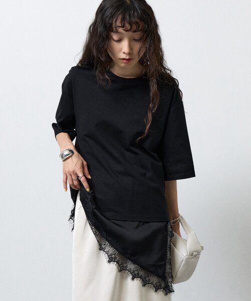 COLONY 2139(コロニートゥーワンスリーナイン)の「【接触冷感】アイラッシュ裾レースドッキングTシャツ(Tシャツ/カットソー・レディース・ホワイト/チャコールグレー/ブラック・FREE)」の8枚目の写真