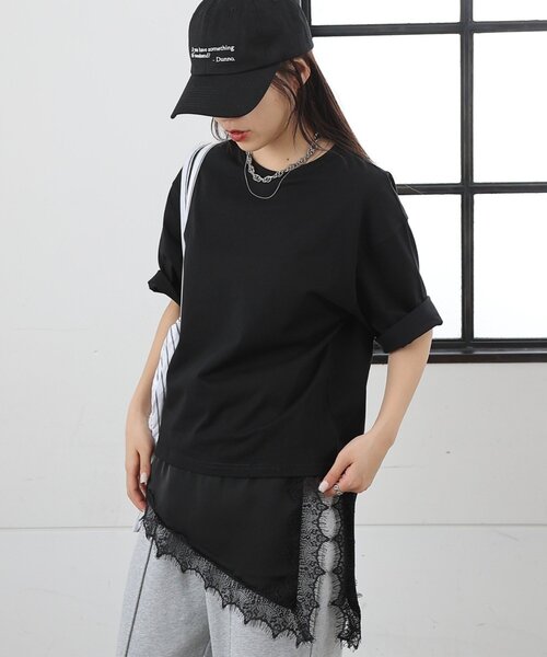 COLONY 2139(コロニートゥーワンスリーナイン)の「【接触冷感】アイラッシュ裾レースドッキングTシャツ(Tシャツ/カットソー・レディース・ホワイト/チャコールグレー/ブラック・FREE)」の14枚目の写真
