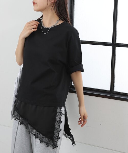 COLONY 2139(コロニートゥーワンスリーナイン)の「【接触冷感】アイラッシュ裾レースドッキングTシャツ(Tシャツ/カットソー・レディース・ホワイト/チャコールグレー/ブラック・FREE)」の15枚目の写真