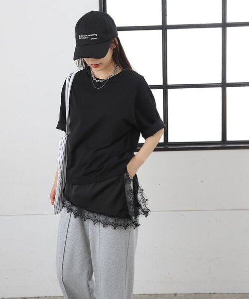 COLONY 2139(コロニートゥーワンスリーナイン)の「【接触冷感】アイラッシュ裾レースドッキングTシャツ(Tシャツ/カットソー・レディース・ホワイト/チャコールグレー/ブラック・FREE)」の16枚目の写真