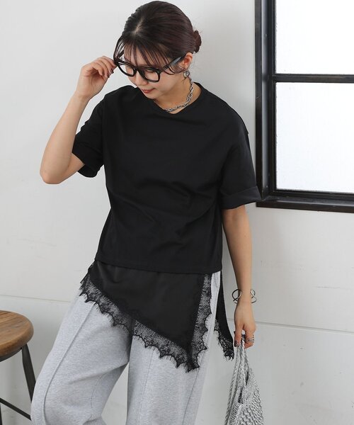 COLONY 2139(コロニートゥーワンスリーナイン)の「【接触冷感】アイラッシュ裾レースドッキングTシャツ(Tシャツ/カットソー・レディース・ホワイト/チャコールグレー/ブラック・FREE)」の17枚目の写真