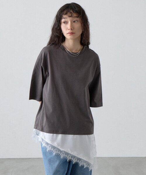 COLONY 2139(コロニートゥーワンスリーナイン)の「【接触冷感】アイラッシュ裾レースドッキングTシャツ(Tシャツ/カットソー・レディース・ホワイト/チャコールグレー/ブラック・FREE)」の22枚目の写真