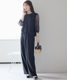 ドットチュール袖パンツドレス/結婚式・オケージョン対応セットアップ(体型カバー・ウエストゴム)