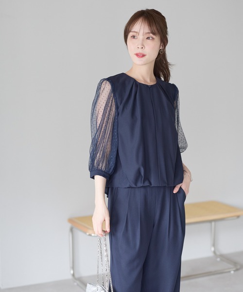 PREFERIR(プレフェリール)の「ドットチュール袖パンツドレス/結婚式・オケージョン対応セットアップ(体型カバー・ウエストゴム)(パンツドレス・レディース・ネイビー/ブラック・SMALL/MEDIUM/LARGE/X-LARGE)」の18枚目の写真