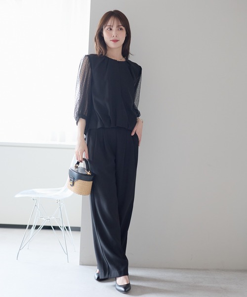 PREFERIR(プレフェリール)の「ドットチュール袖パンツドレス/結婚式・オケージョン対応セットアップ(体型カバー・ウエストゴム)(パンツドレス・レディース・ネイビー/ブラック・SMALL/MEDIUM/LARGE/X-LARGE)」の3枚目の写真