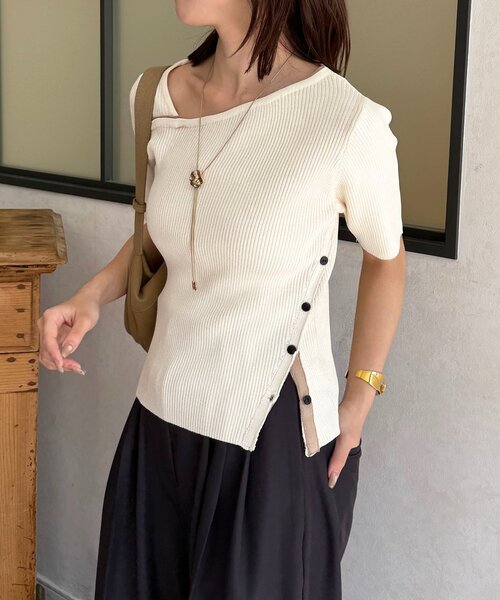 Thevon（ゼボン）の「バイカラーアシメネック半袖ニット（ニット/セーター・レディース・アイボリー/イエロー/ネイビー・S/M）」の14枚目の写真