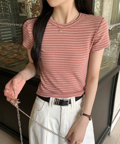 Girly Doll(ガーリードール)の「クルーネックボーダーTシャツ(Tシャツ/カットソー・レディース・ピンク/イエロー・M/L)」の1枚目の写真