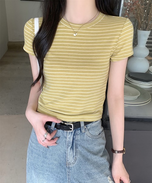 Girly Doll(ガーリードール)の「クルーネックボーダーTシャツ(Tシャツ/カットソー・レディース・ピンク/イエロー・M/L)」の3枚目の写真