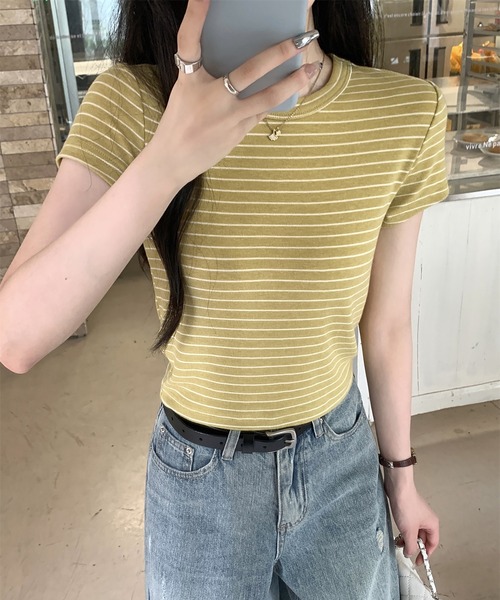 Girly Doll(ガーリードール)の「クルーネックボーダーTシャツ(Tシャツ/カットソー・レディース・ピンク/イエロー・M/L)」の4枚目の写真