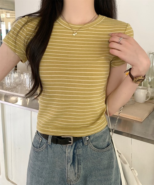 Girly Doll(ガーリードール)の「クルーネックボーダーTシャツ(Tシャツ/カットソー・レディース・ピンク/イエロー・M/L)」の8枚目の写真