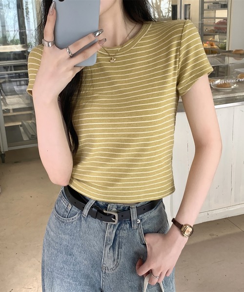Girly Doll(ガーリードール)の「クルーネックボーダーTシャツ(Tシャツ/カットソー・レディース・ピンク/イエロー・M/L)」の12枚目の写真
