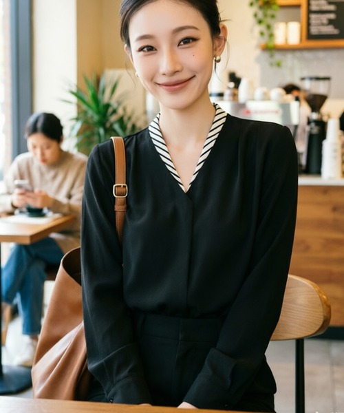 AsheKsha(アシクシャ)の「クラシックなストライプ切り替えVネックフェイクレイヤードシャツ(シャツ/ブラウス・レディース・ホワイト/ベージュ/ブラック・M)」の10枚目の写真