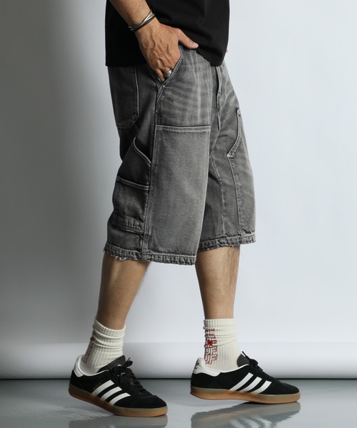 INDIGO LABEL] DENIM PAINTER SHORTS：ヴィンテージ加工 ダブルニー