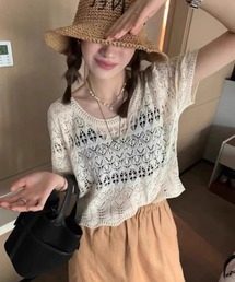 透かし編みクロップド半袖ニット