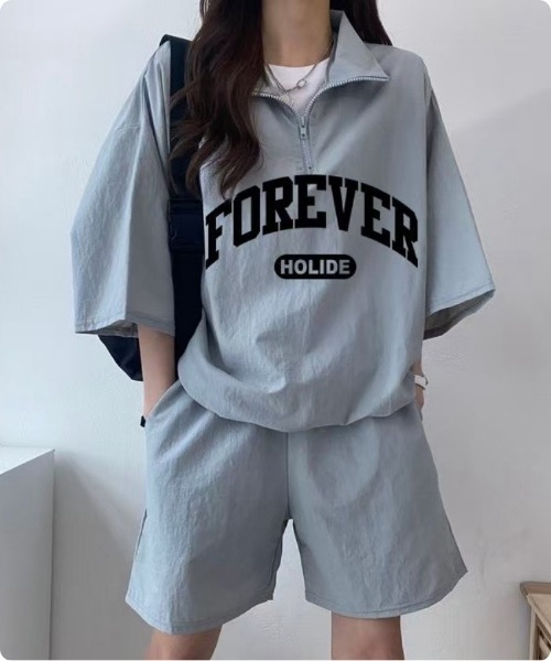 I.O.E(アイオイ)の「【韓国ファッション】ハーフジップ セットアップ 2点セット(Tシャツ/カットソー・レディース・グリーン/ブルー/ピンク/ブラック・FREE)」の3枚目の写真