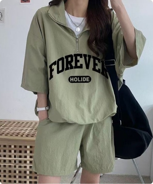 I.O.E(アイオイ)の「【韓国ファッション】ハーフジップ セットアップ 2点セット(Tシャツ/カットソー・レディース・グリーン/ブルー/ピンク/ブラック・FREE)」の7枚目の写真