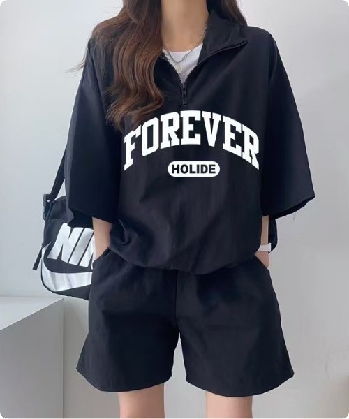 I.O.E(アイオイ)の「【韓国ファッション】ハーフジップ セットアップ 2点セット(Tシャツ/カットソー・レディース・グリーン/ブルー/ピンク/ブラック・FREE)」の5枚目の写真