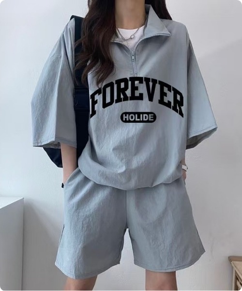 I.O.E(アイオイ)の「【韓国ファッション】ハーフジップ セットアップ 2点セット(Tシャツ/カットソー・レディース・グリーン/ブルー/ピンク/ブラック・FREE)」の6枚目の写真