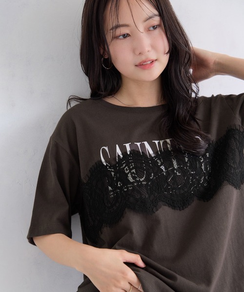 VIS（ビス）の「レースレイヤードロゴ半袖Tシャツ（Tシャツ/カットソー・レディース・ダークブラウン/サックスブルー/ホワイト・FREE）」の10枚目の写真